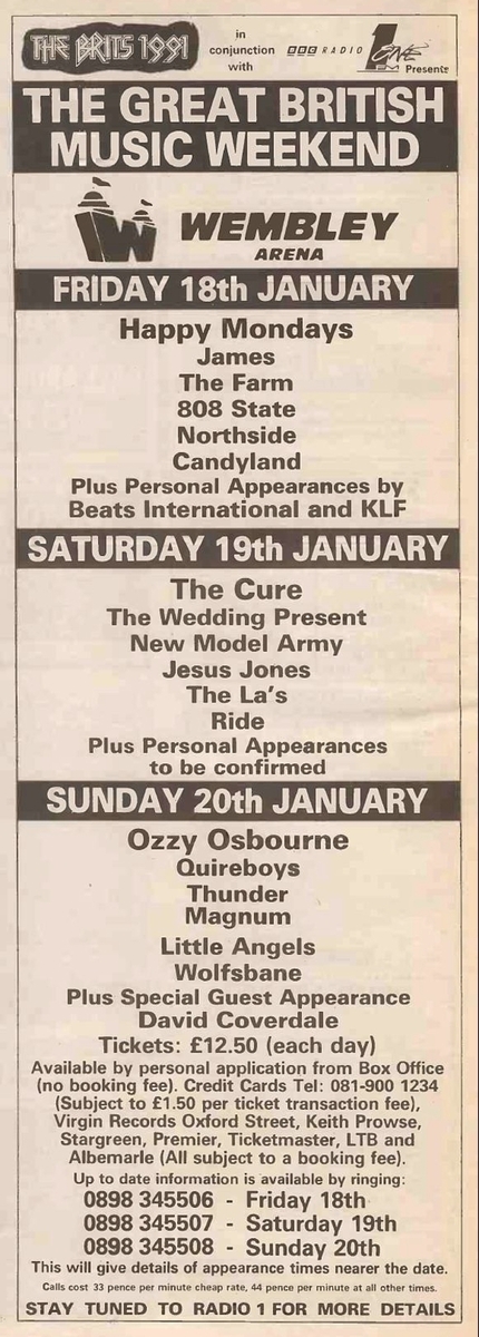 The originally announced lineup. Neither The KLF or The La's performed.